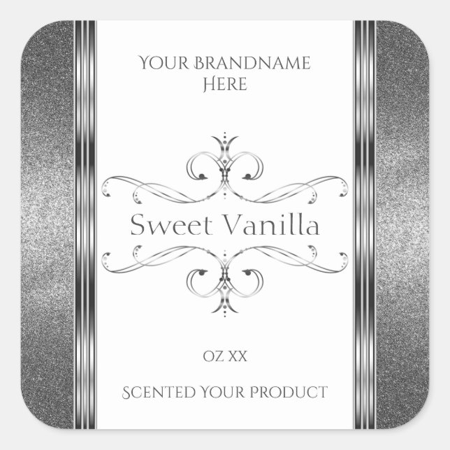White Silver Product Labels Glitter Ornate Decor (Front)