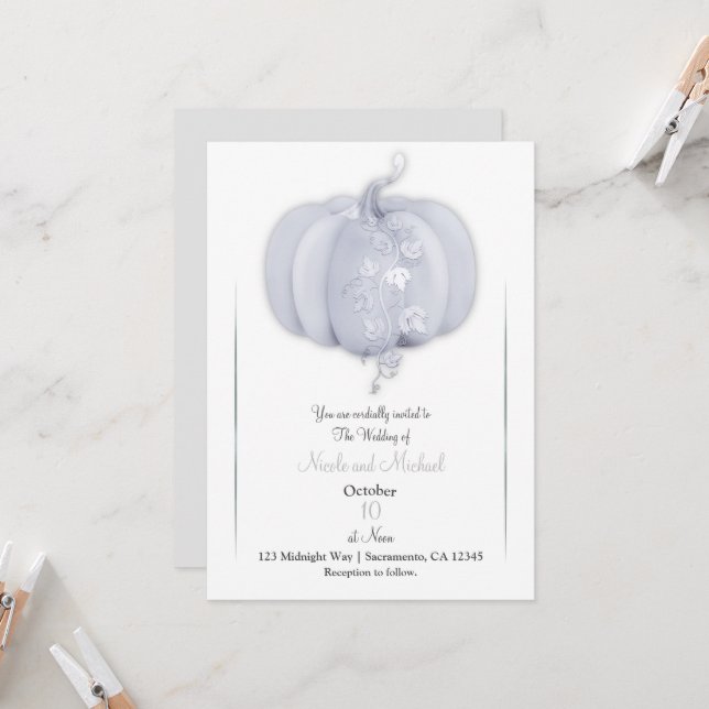 White Silver Pumpkin Storybook Chic Fall Wedding Invitation (Front/Back In Situ)