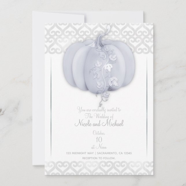 White Silver Pumpkin Storybook Hearts Fall Wedding Invitation (Front)