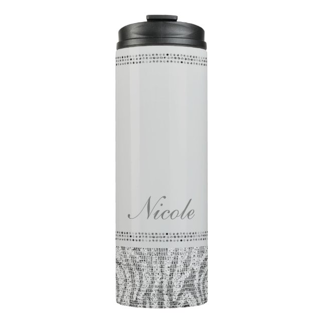 White Silver Sequin Glitter Leopard Cheetah Print Thermal Tumbler (Front)