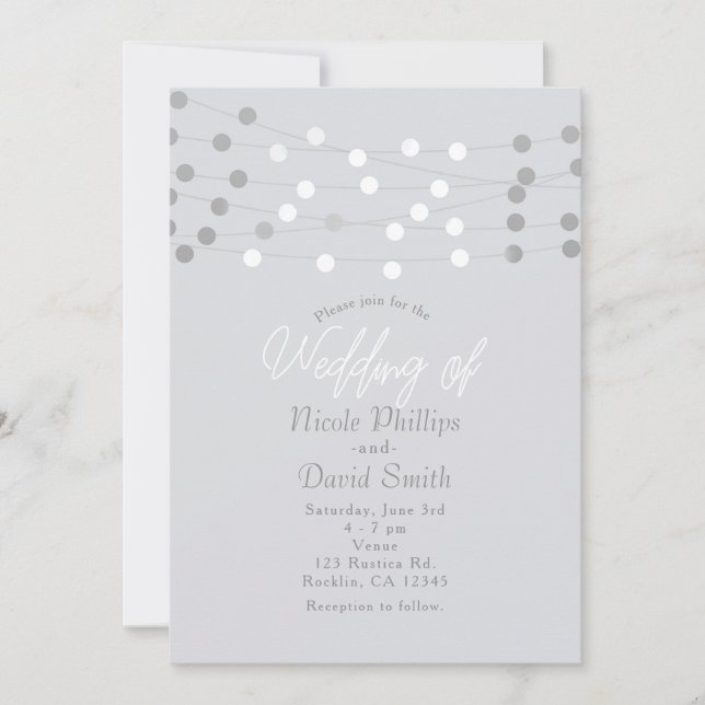 White Silver String Lights Modern Chic Wedding Invitation (Front)