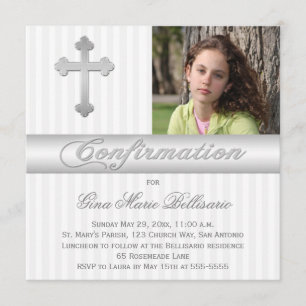 White Silver Stripes Confirmation Photo Invitation
