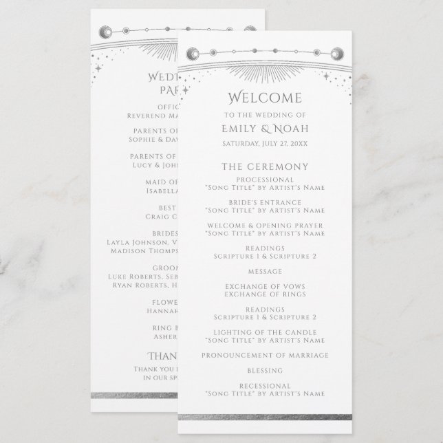 White Silver Sun Moon Stars Celestial Wedding Program (Front/Back)