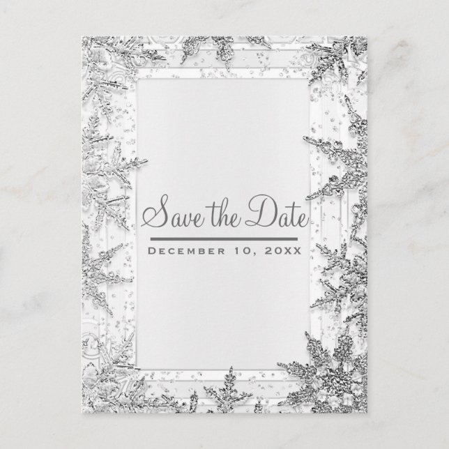 White & Silver Winter Snowflakes Save the Date Announcement Postcard (Front)