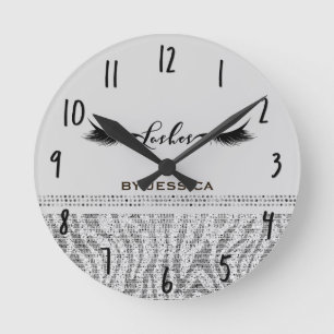 White Silver Zebra Sequins Lashes Personalized Round Clock
