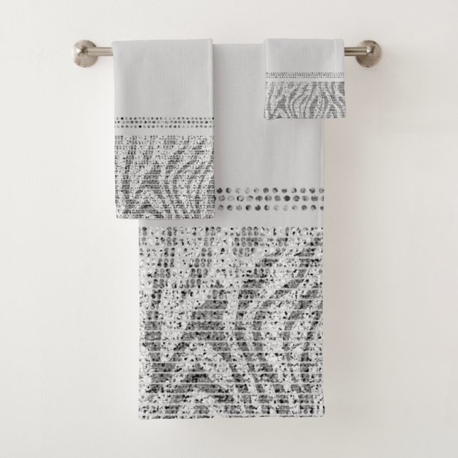 White Silver Zebra Wild Animal Print Exotic Glam Bath Towel Set (Insitu)