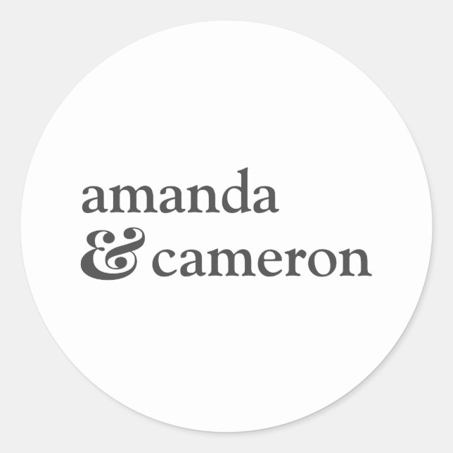 White Simple Bride and Groom Names Logo Classic Round Sticker (Front)