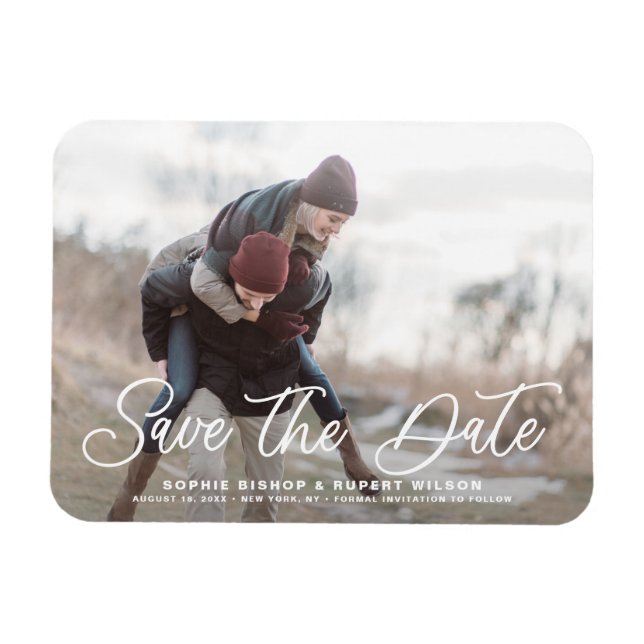 White Simple Calligraphy Save the Date Photo Magnet (Horizontal)