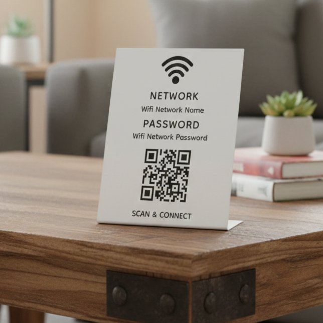 White Simple Elegant Wifi QR Code Network Password Pedestal Sign (Creator Uploaded)