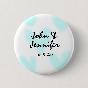 white simple minimal text style wedding blue heart 2 inch round button