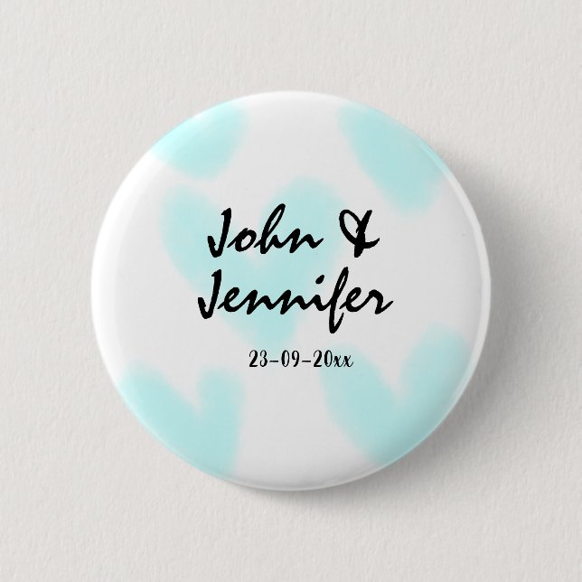 white simple minimal text style wedding blue heart 2 inch round button (Front)