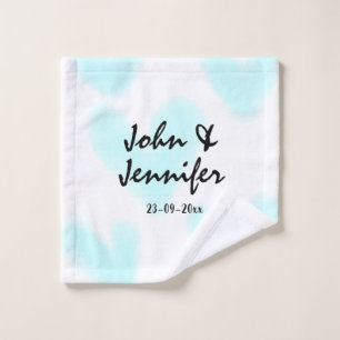 white simple minimal text style wedding blue heart bath towel set