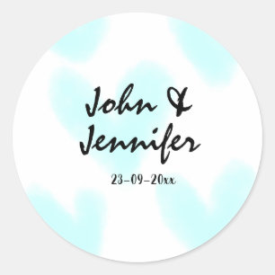 white simple minimal text style wedding blue heart classic round sticker