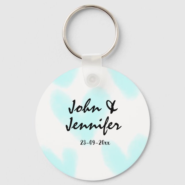 white simple minimal text style wedding blue heart keychain (Front)