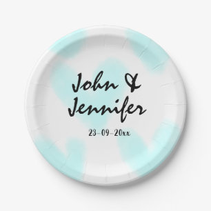 white simple minimal text style wedding blue heart paper plate