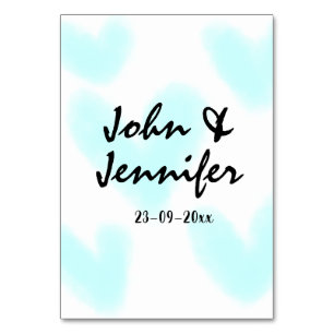 white simple minimal text style wedding blue heart table number