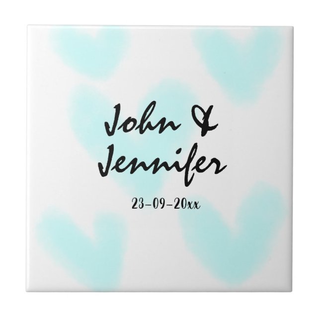 white simple minimal text style wedding blue heart tile (Front)