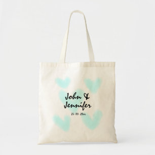 white simple minimal text style wedding blue heart tote bag