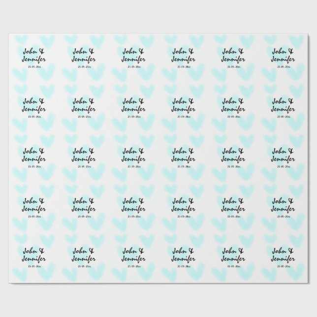 white simple minimal text style wedding blue heart wrapping paper (Flat)