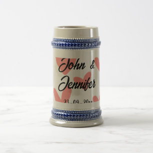 white simple minimal text style wedding red heart beer stein