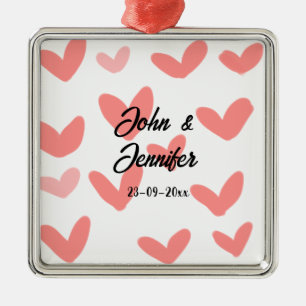 white simple minimal text style wedding red heart  metal ornament