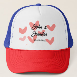 white simple minimal text style wedding red heart trucker hat