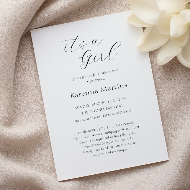 White Simple Minimalist It's a Girl Baby Shower Invitation (Creator Uploaded)