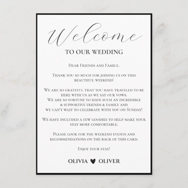 White simple minimalist wedding weekend itinerary enclosure card (Front)