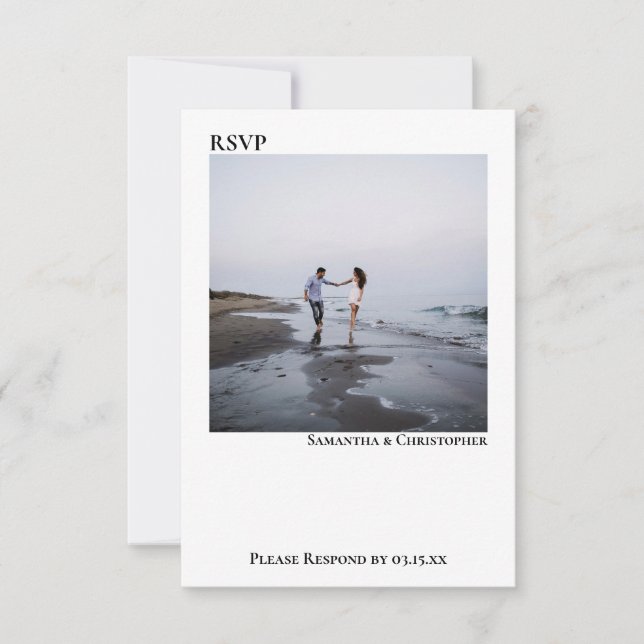 White Simple Modern Minimalist Photo Wedding RSVP Card (Front)