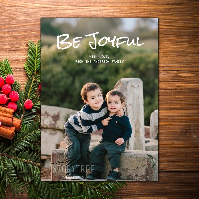 White Simple Script Be Joyful Photo Flat Card (White Simple Script Be Joyful Holiday Photo Card)