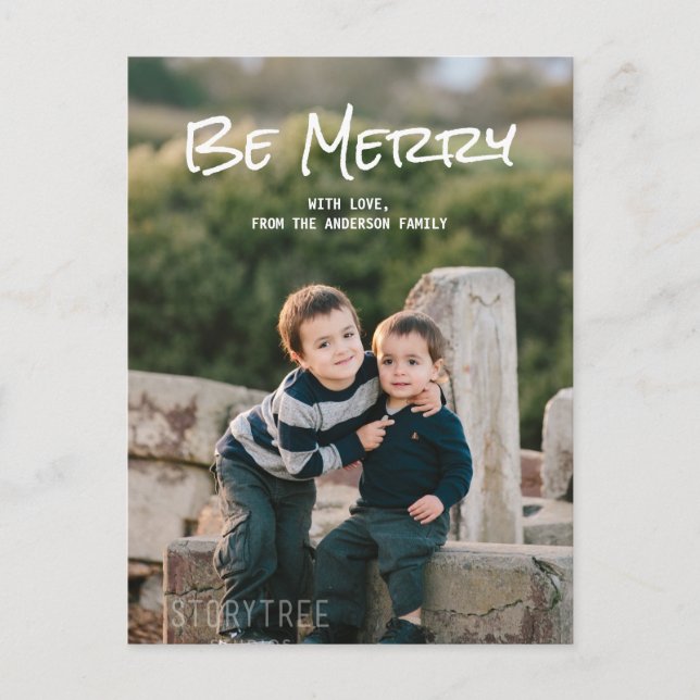 White Simple Script Be Merry Photo Postcard (Front)