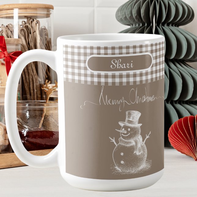 White Simplistic Merry Christmas Snowman Plaid Coffee Mug (Creator Uploaded)