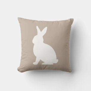 White Sitting Bunny Silhouette On Beige Easter Throw Pillow