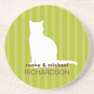 White sitting cat green stripes pet lover modern coaster