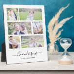 White Six Photo Collage Family Name Calligraphy Plaque<br><div class="desc">Photo Plaque with 6 photos arranged in a grid layout. You can also add your family name in a stylish calligraphy font and the year established. Perfect for wedding gifts, family keepsakes, etc. Personalize this by replacing the placeholder text in the template to add your information and replace the sample/placeholder...</div>