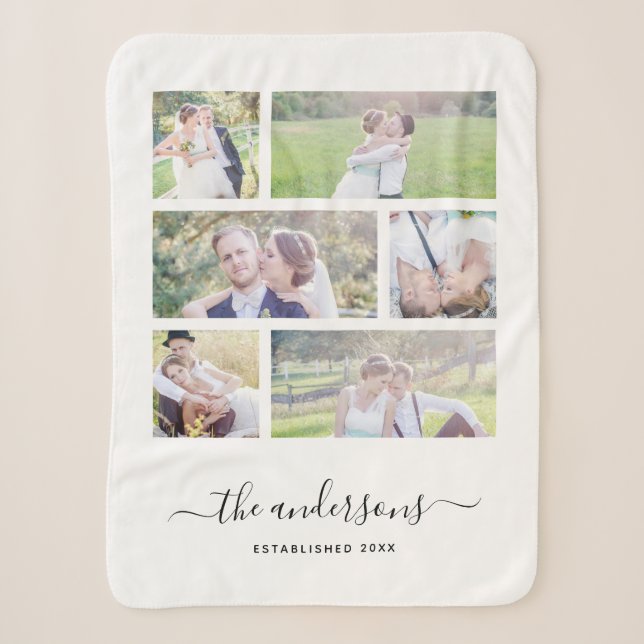 White Six Photo Collage Family Name Calligraphy Sherpa Blanket (Front)
