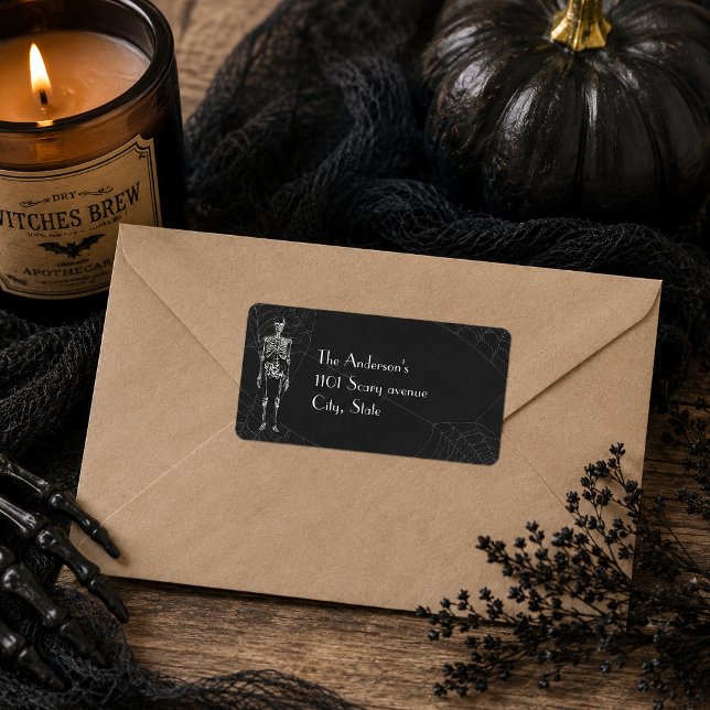 White Sketch Skeleton Spirit Halloween Label (Send out spooky greetings with this vintage skeleton spider web gothic Halloween design.)