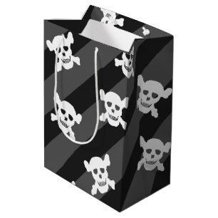 White Skull and Crossbones on Black Stripes Medium Gift Bag
