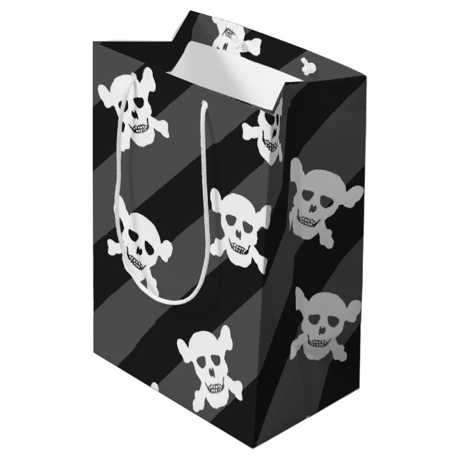 White Skull and Crossbones on Black Stripes Medium Gift Bag (Back Angled)