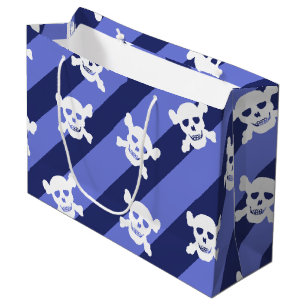 White Skull and Crossbones on Blue Stripes Large Gift Bag