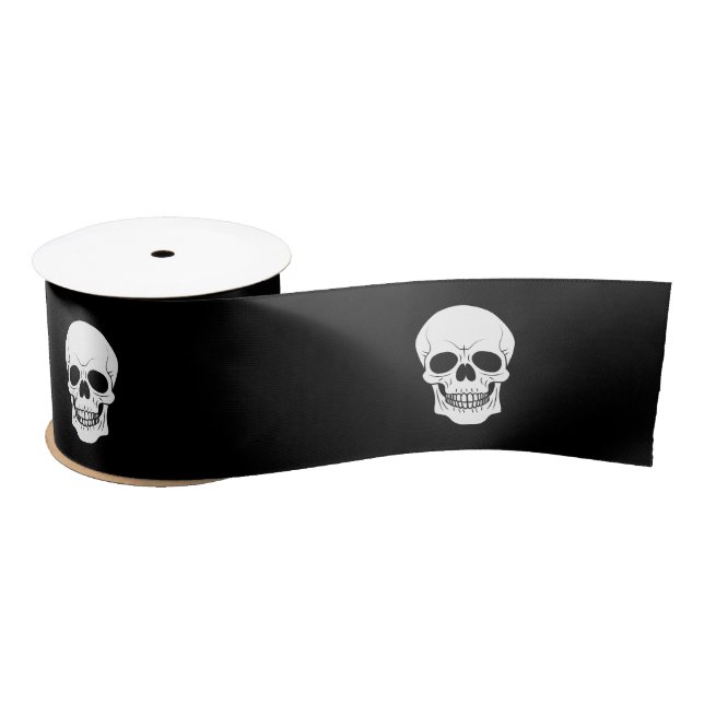 White Skull Head On Black Simple Modern Halloween Satin Ribbon (Spool)