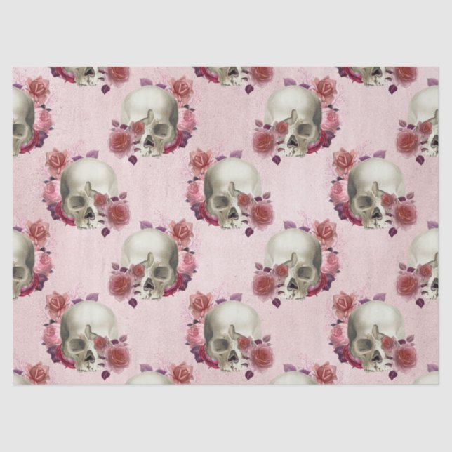 White Skulls and Pink Floral Decoupage Tissue Paper (Front)