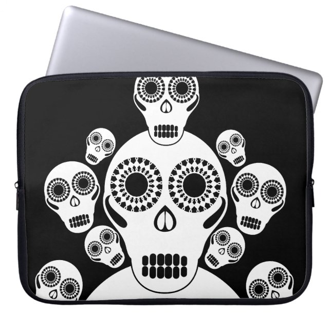 White Skulls Black Laptop Sleeve (Front)