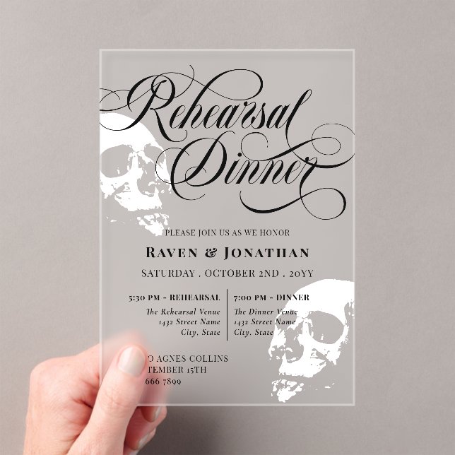 White Skulls Goth Wedding Rehearsal Dinner Acrylic Invitations (Insitu (Handheld))