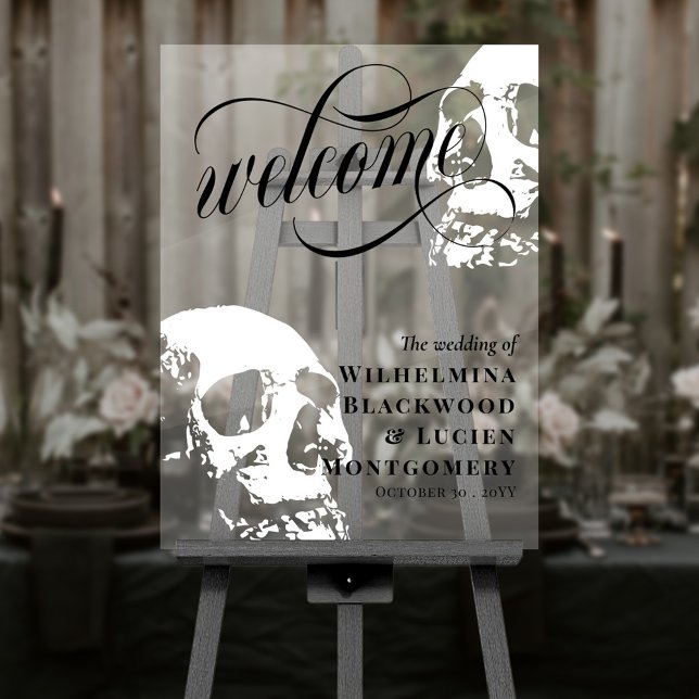 White Skulls Halloween Goth Wedding Welcome Acrylic Sign (Creator Uploaded)