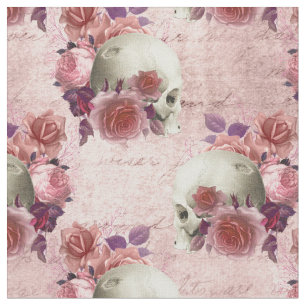 White Skulls, Pink Roses, and Cursive Fabric