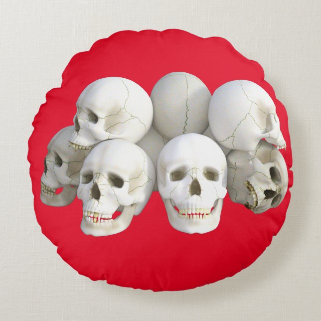 White Skulls Round Pillow, red background Pillow (Front)