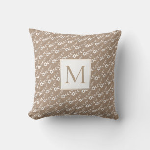 White small flowers and monogram rustic throw pillow
