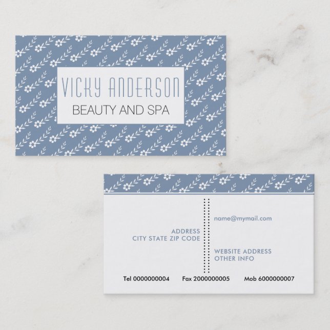 White small flowers dusty blue floral pattern business card (Front/Back)