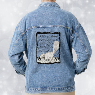 White Smiling Cat on Piano Keys Music Notes Frame Denim Jacket